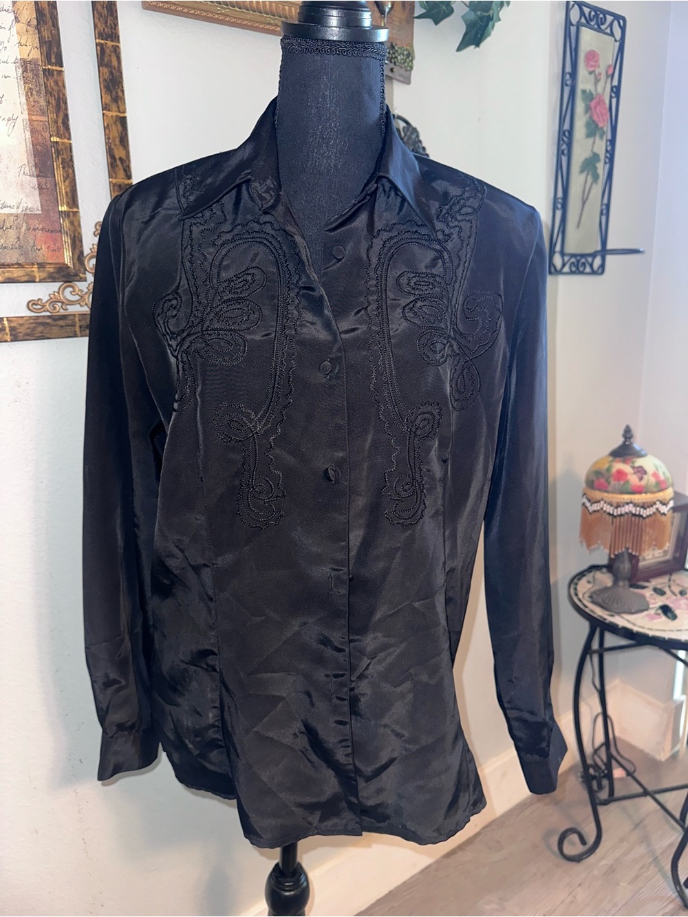 Vintage Laura Scott Black Paisley Embroidered Satin Button-Down Top, Size 12